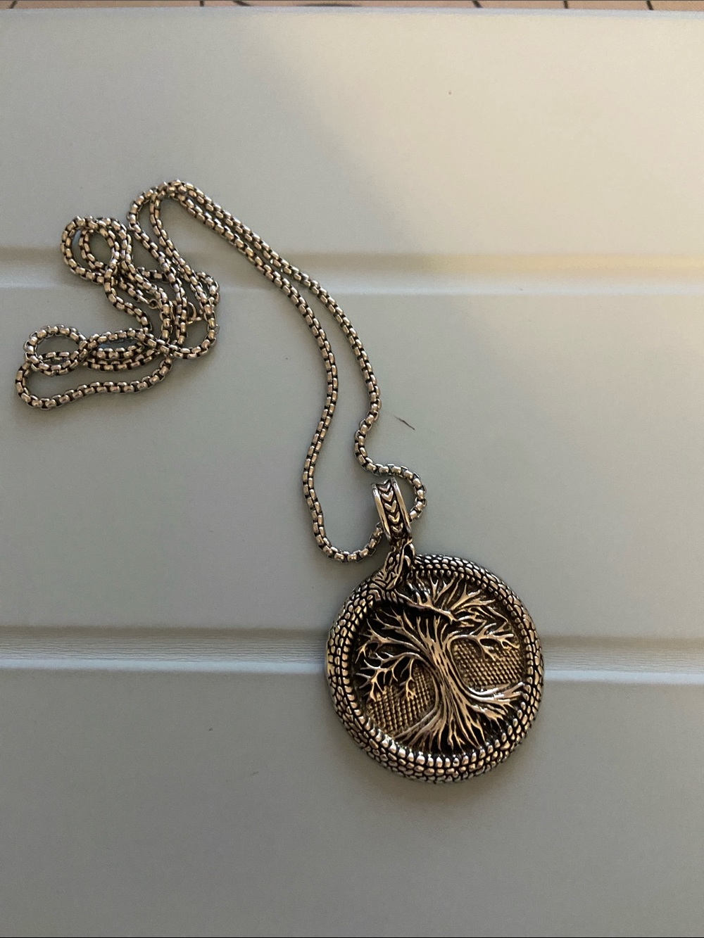 Round Tree of Life Pendant Necklace in Antique Silver Tone